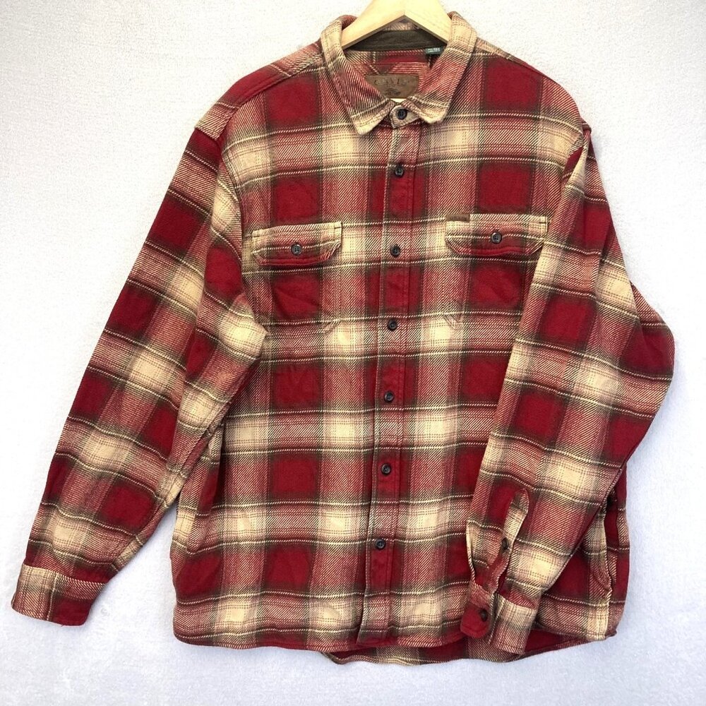 Orvis Heavyweight Plaid Flannel Shirt Mens 2XL Red Tan Outdoor Fall Work XXL